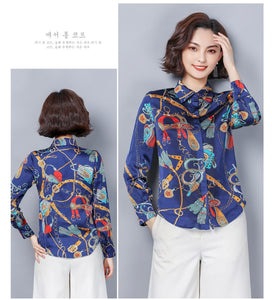 Western Style Loose Stand Collar Imitation Silk Blouse