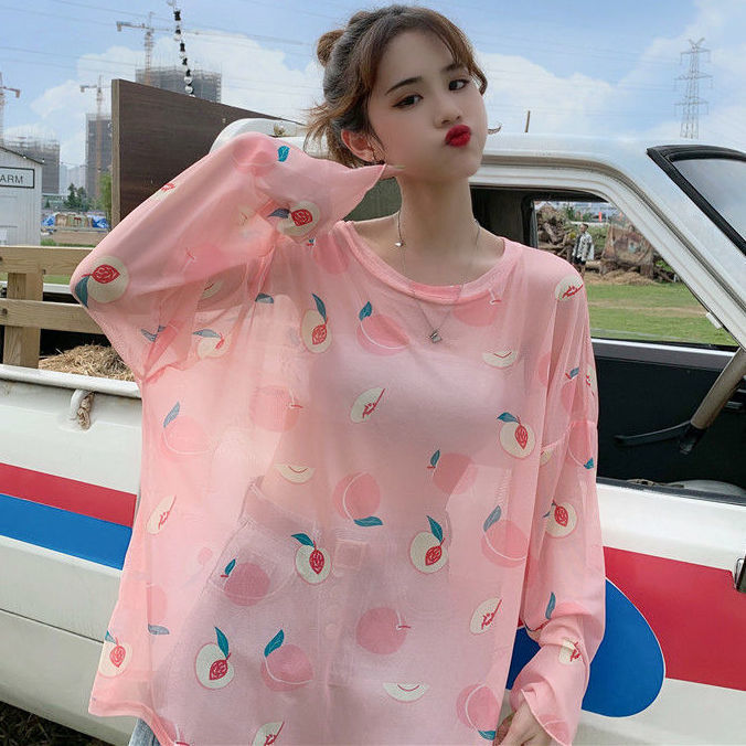 Ice Silk Sunscreen Oversized Long-Sleeved T-Shirt Korean Loose Mesh Blouse Top