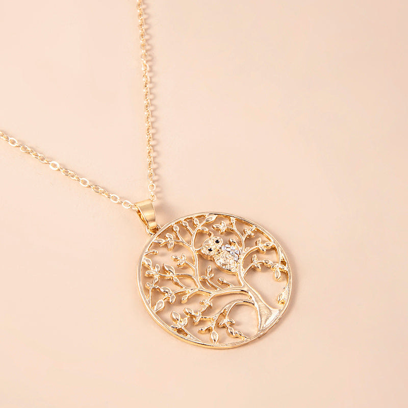 Fashion Gold Hollow Tree Of Life Necklace Crystal Bird Owl Pendant Statement Necklaces For Women Sweater Chain Jewelry