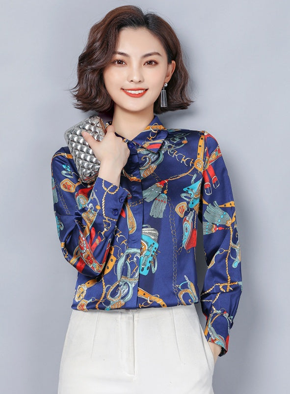 Western Style Loose Stand Collar Imitation Silk Blouse