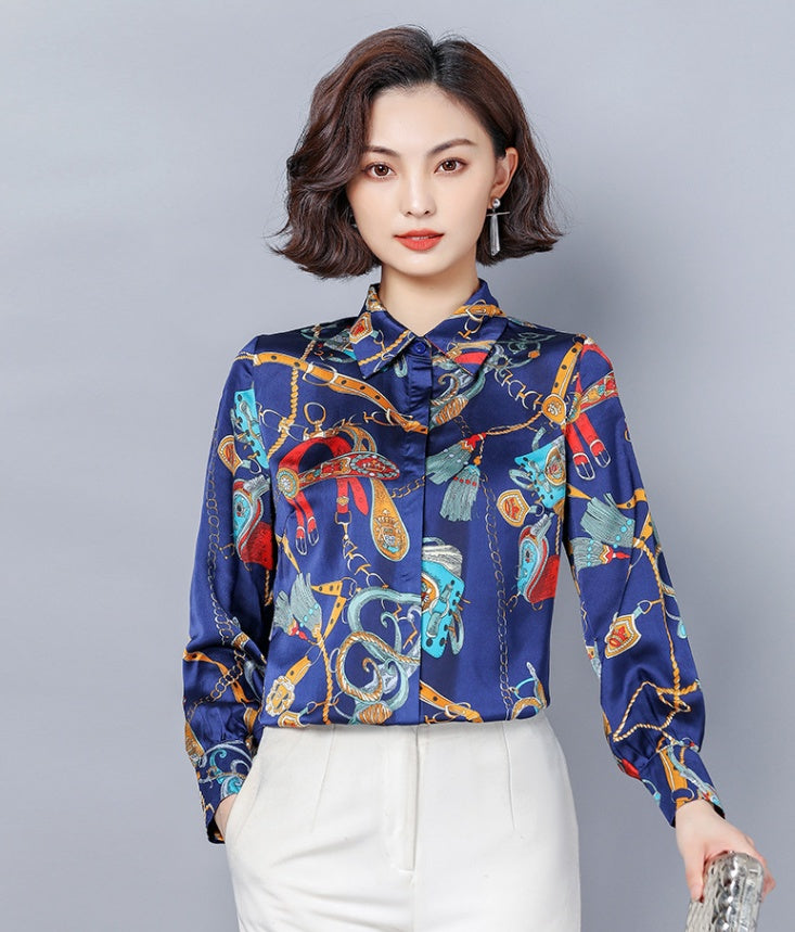 Western Style Loose Stand Collar Imitation Silk Blouse