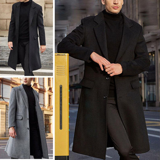 British Men's Long Trench Coat Woolen Coat