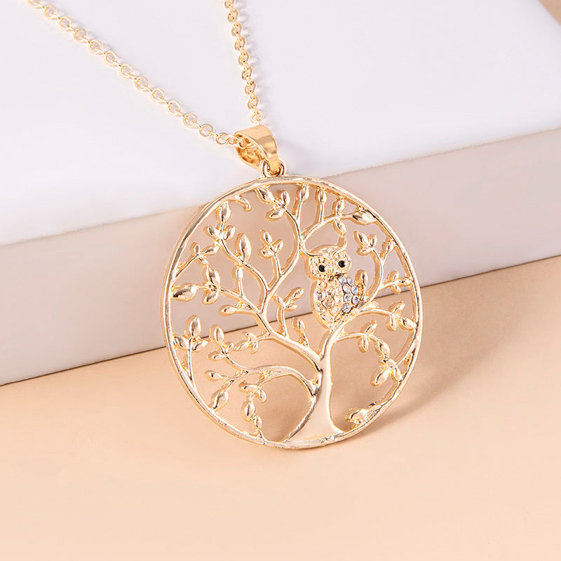 Fashion Gold Hollow Tree Of Life Necklace Crystal Bird Owl Pendant Statement Necklaces For Women Sweater Chain Jewelry