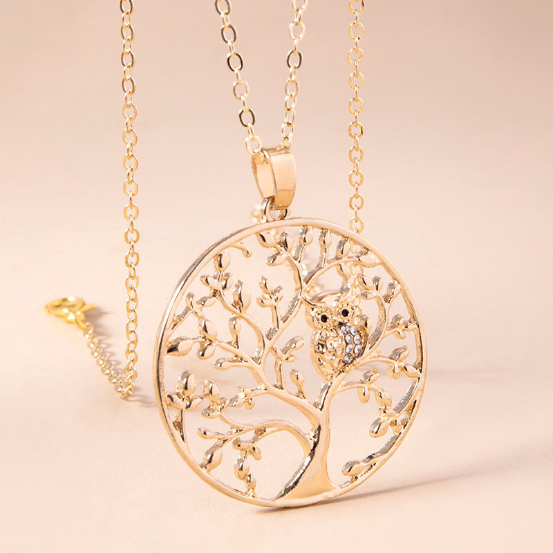 Fashion Gold Hollow Tree Of Life Necklace Crystal Bird Owl Pendant Statement Necklaces For Women Sweater Chain Jewelry