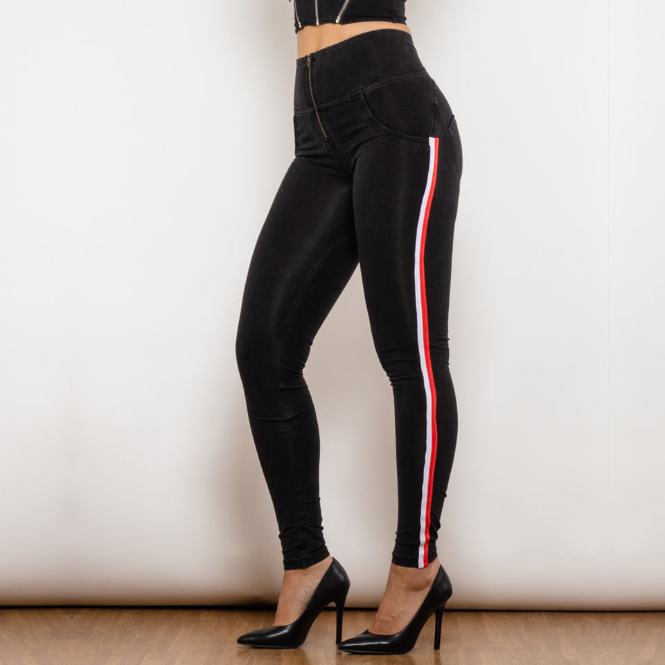 Shascullfites Melody White&Red Side Stripe Stretch Jeans Fashion Black Denim High Waist Jeggings Slim Fit Bum Lift Pencil Pants