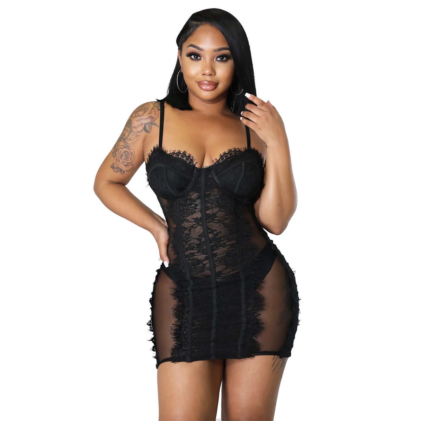 Women's Skinny Mesh Sheer Lace Slip Dress