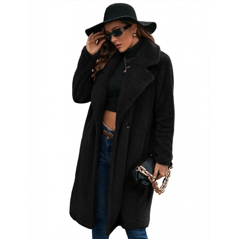 Single-breasted Mid-plush Trench Coat Loose-collar Lambswool Coat